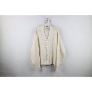 Vintage 50s Penneys Mens Medium Thermal Cable Knit Cardigan Sweater White USA